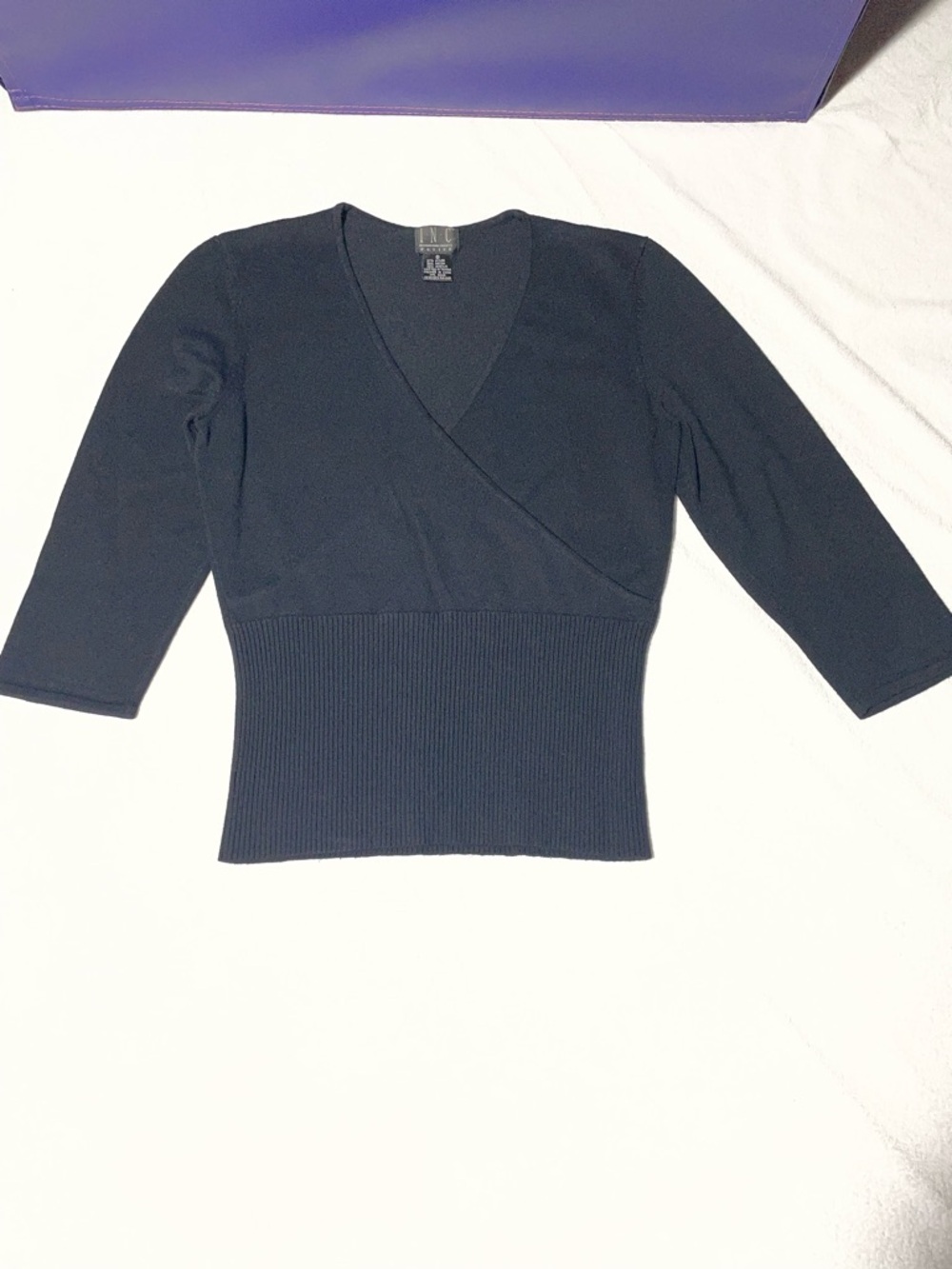 INC International Concepts Black Wrap V-Neck Ribbed Waist Sweater